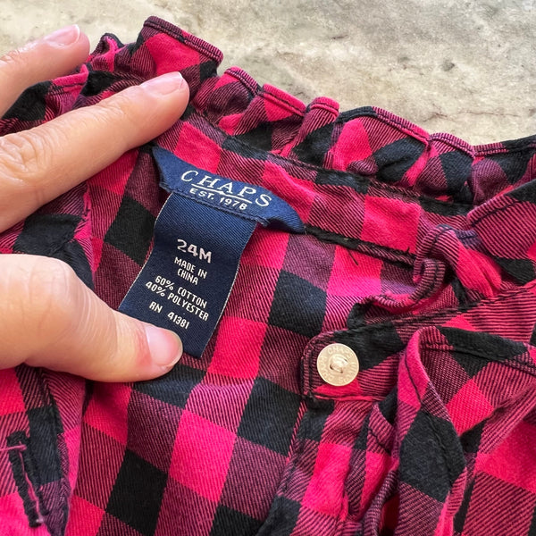 Chaps Pink + Black Plaid Ruffle Henley Long Sleeve Top 24 Mo
