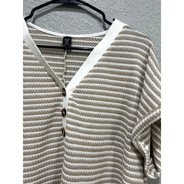 Women's Waffle Knit Quarter Button Tan + White Striped Blouse Size 1XL