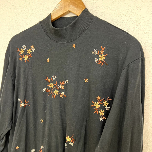 Vintage 90s BonWorth Black Floral Embroidered Mock Neck Pullover Med Petite