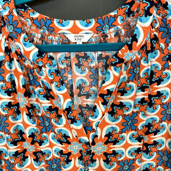 Crown + Ivy Coral & Blue Ikat Print Blouse Size Women's Large