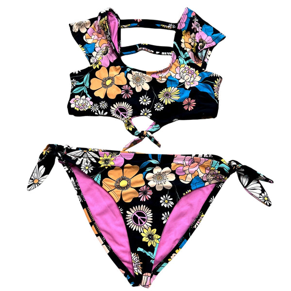Hobie Swim Girls Black Floral Bikini Size Youth Large