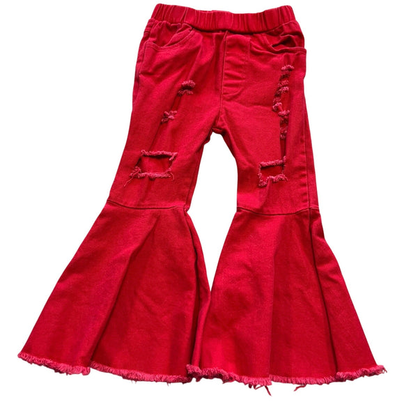 Girls Red Distressed Super Flare Pull On Jeans Size 2T