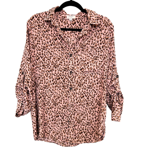 Umgee Leopard Print Long Sleeve Button Down Blouse Medium