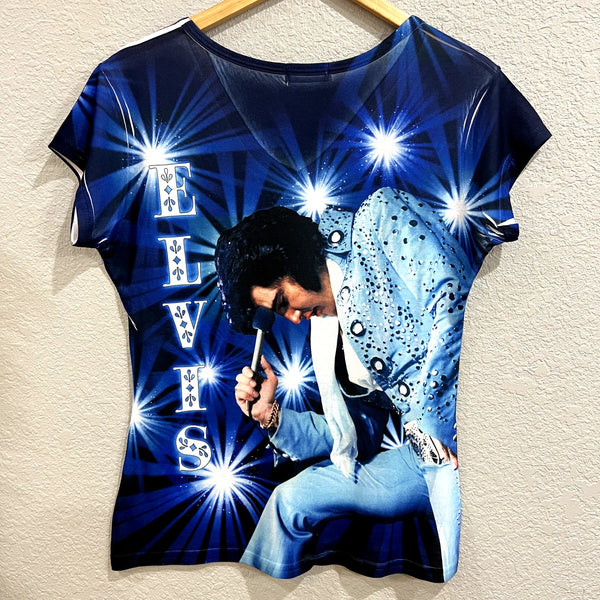 NWOT Sweet Gisele Elvis Bright Blue Rhinestone V-Neck Graphic Tee Medium