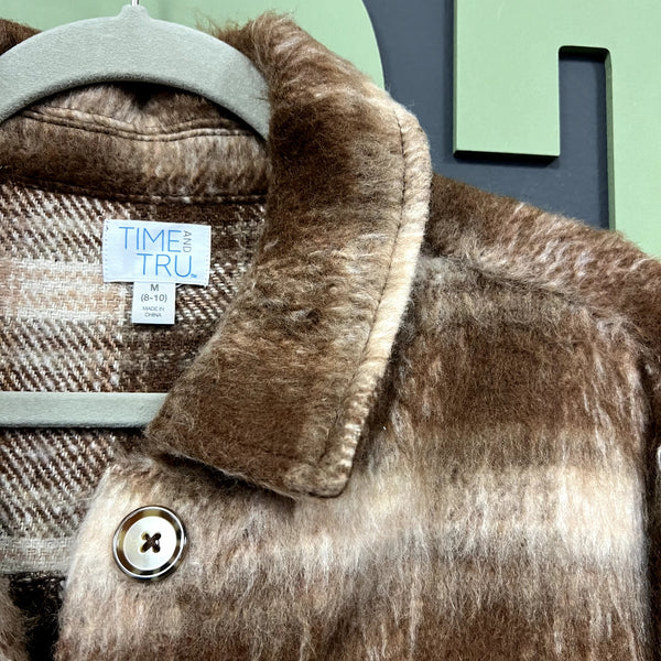 Time and Tru Faux Fur Brown Plaid Longline Button Down Trench Coat Medium