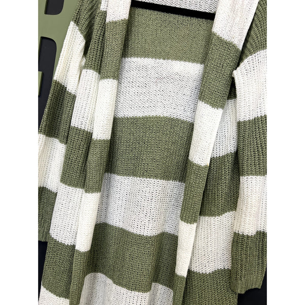 POL Sage + White Striped Hooded Knit Cardigan Size Small