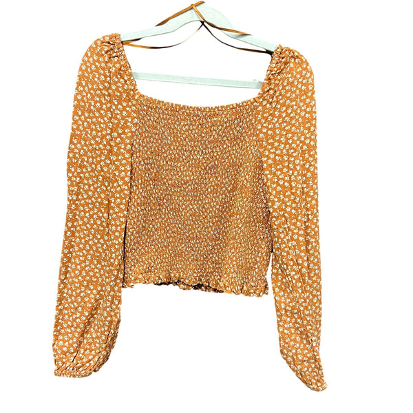 Copper Key Girls Orange Floral Smoked Square Neck Blouse Large