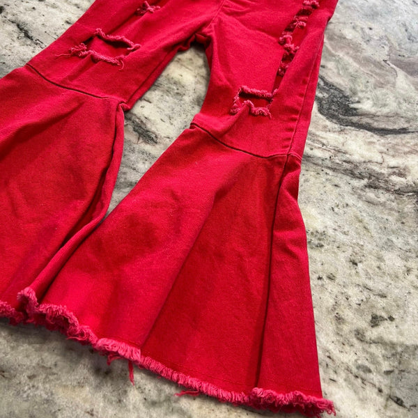 Girls Red Distressed Super Flare Pull On Jeans Size 2T