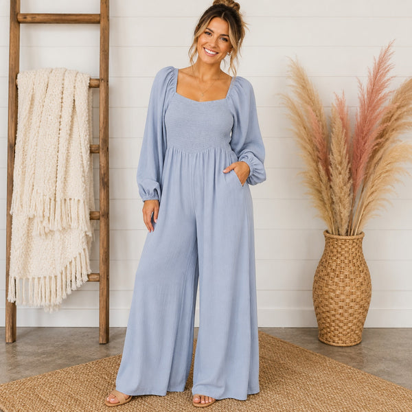 Women's Light Blue Square Neck Long Sleeve Jumpsuit Size Large
