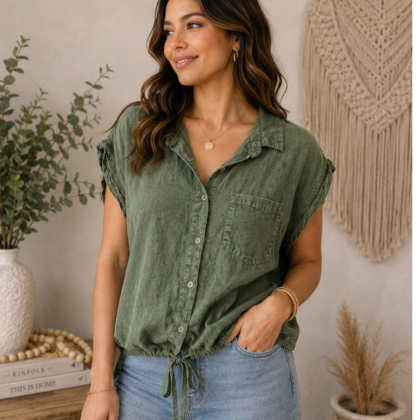 Derek Heart Acid Wash Olive Green Button Down Top Size Small