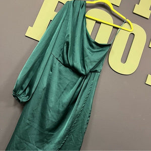 NWT Dress Day Green Satin One Shoulder Wrap Dress Size Medium