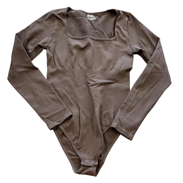 Women's Ribbed Brown Square Neck Tummy Control Bodysuit Size Medium