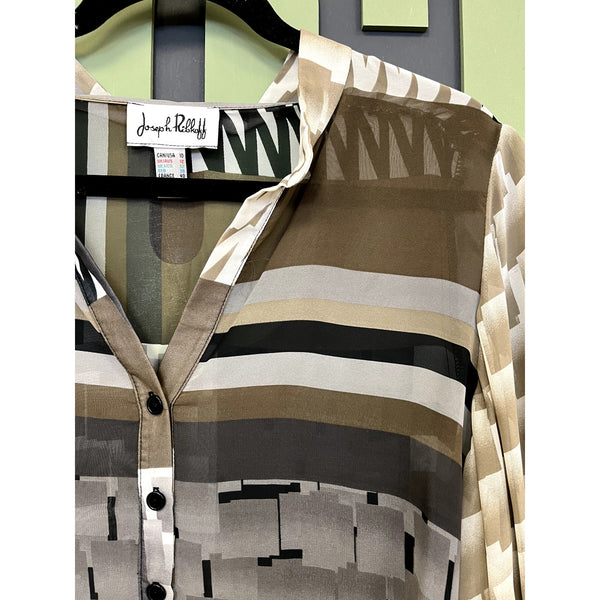 Joseph Ribkoff Sheer Mixed Print Balloon Sleeve Quarter Button Blouse Size 10