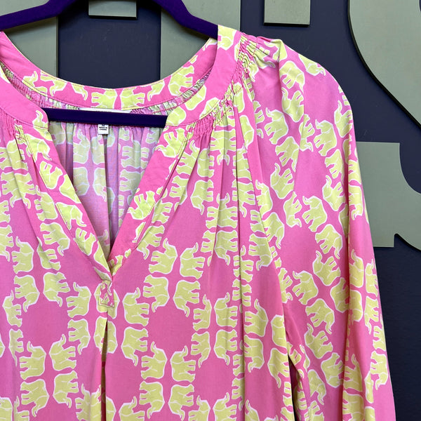 Crown + Ivy Pink + Yellow Elephant Print V-Neck 3/4 Sleeve Blouse Medium