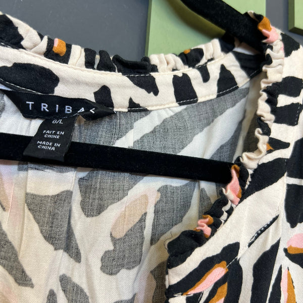 Tribal Ruffle V-Neck Animal Print Blouse Large