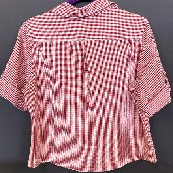 Cathy Daniels Red Gingham Seersucker Half Button Blouse Large