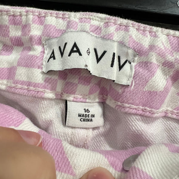 Ava + Viv High Rise Slim Straight Retro Geometrical Purple + White Jeans Size 16