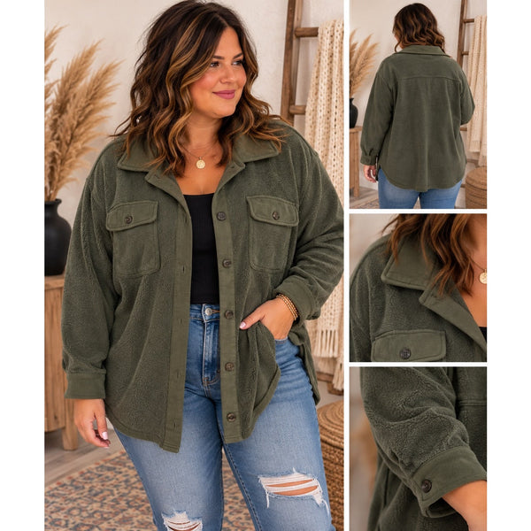 Terra & Sky Olive Green Sherpa Shacket Size 1XL