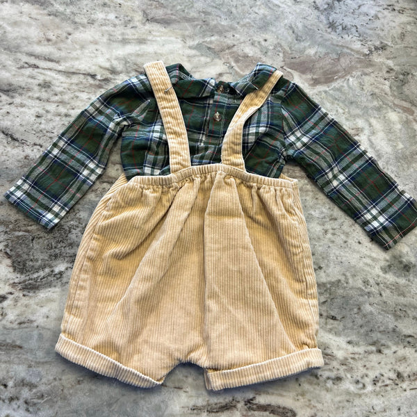 MudPie Corduroy Overalls with Plaid Undershirt Size 9-12 Mo
