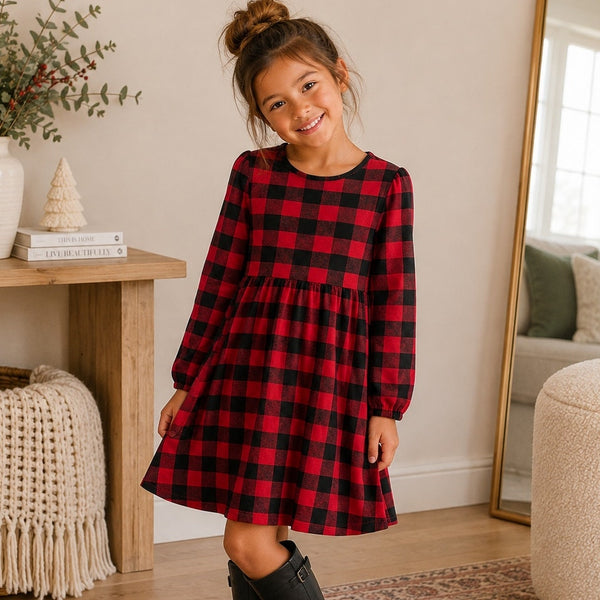 Girls Red + Black Plaid Ruffle Dress Size 6X