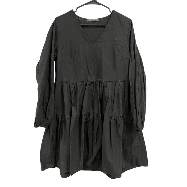 Women's Black Linen Style V-Neck Long Sleeve Babydoll Dress Large