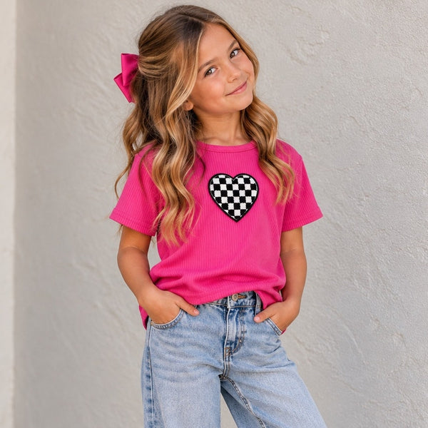 Dream Girl Pink Ribbed Checkered Heart T-Shirt Size Youth 8