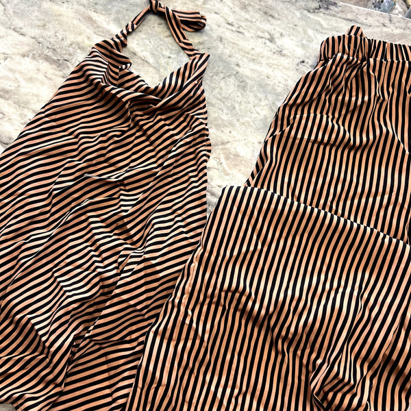 Women's Brown + Black Pinstripe Two Piece Set Size Large