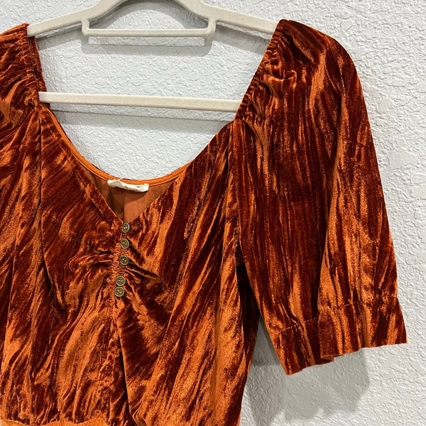 Mia Joy Dark Orange Velvet Scoop Neck Henley Short Sleeve Bodysuit Size Medium
