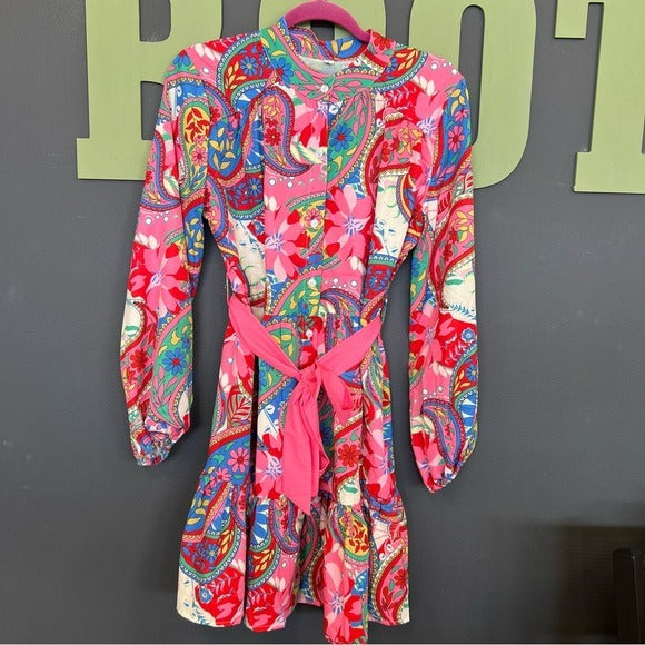 Multicolor Floral Long Bubble Sleeve Ruffle Dress w/ Tie Small