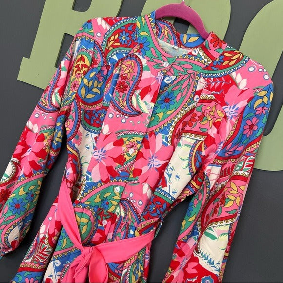 Multicolor Floral Long Bubble Sleeve Ruffle Dress w/ Tie Small