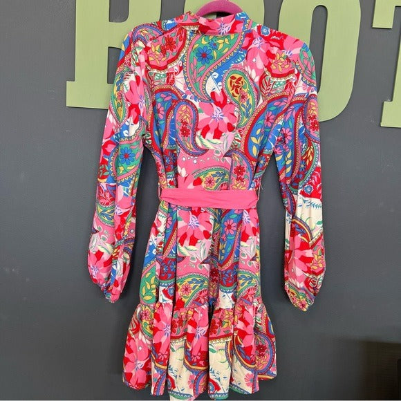 Multicolor Floral Long Bubble Sleeve Ruffle Dress w/ Tie Small