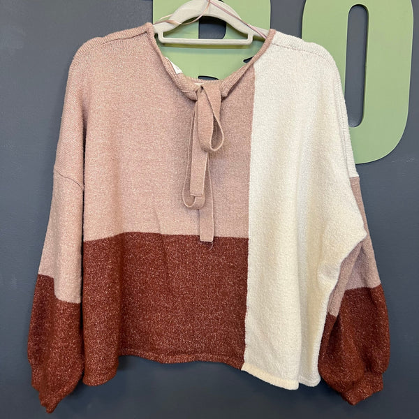 Blu Pepper Color Block Back Tie Bubble Sleeve Sweater Small/Med