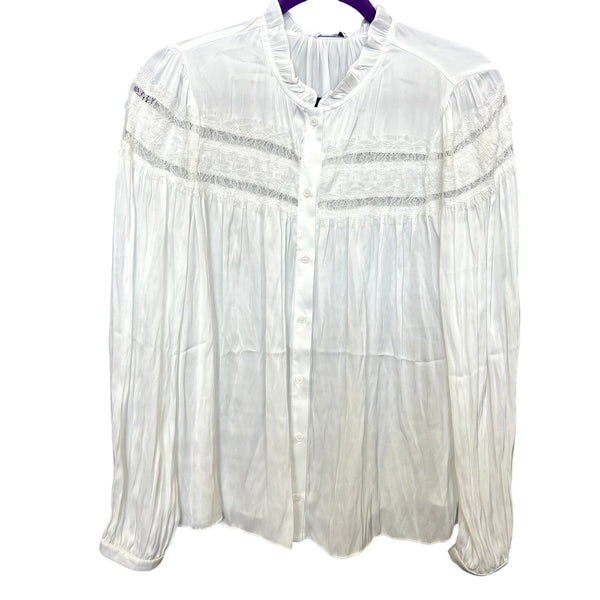 NWT Current Air White Satin Embroidered Long Sleeve Blouse Small