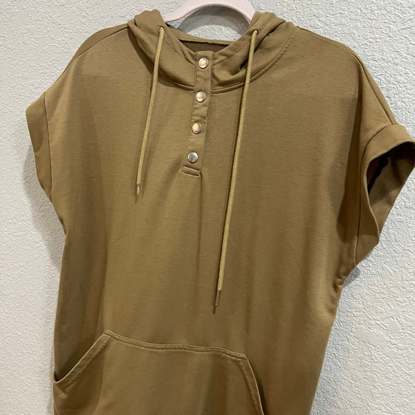 Brown Hooded Short Sleeve Quarter Button Top Medium
