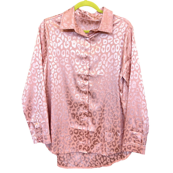 Women's Pink Satin Leopard Button Down Blouse Medium