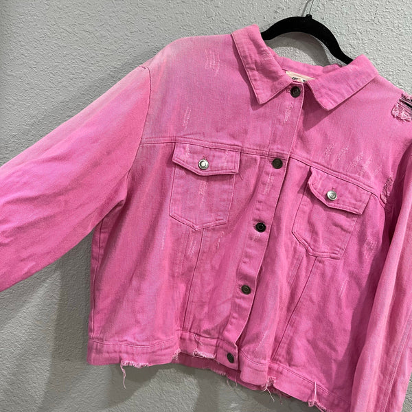 ee:some Boutique Pink Denim Distressed Jacket Large