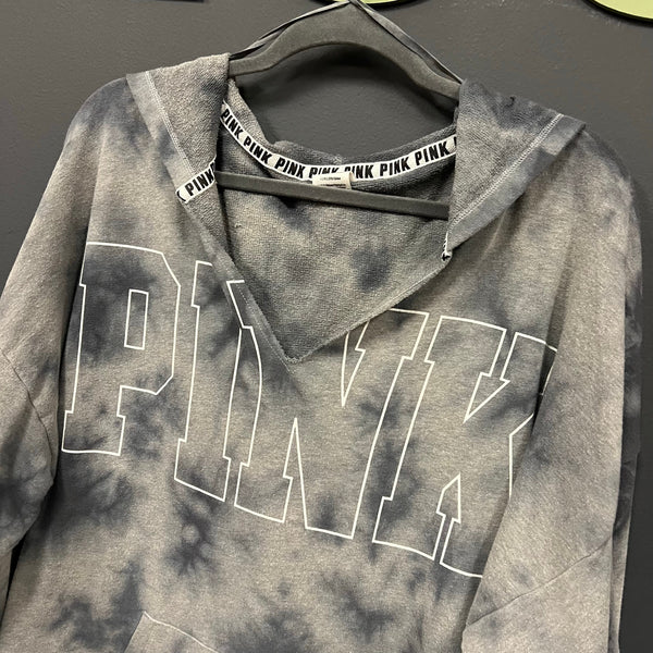 Victoria's Secret PINK Black + Gray Tie Dye V-Neck Hooded Pullover Large