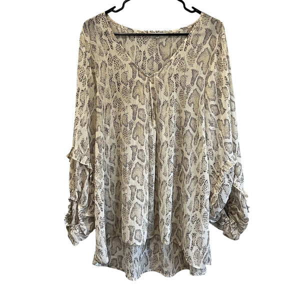 Jodifl Sheer Snake Print Sheer Shimmer Ruffle Sleeve Blouse Large