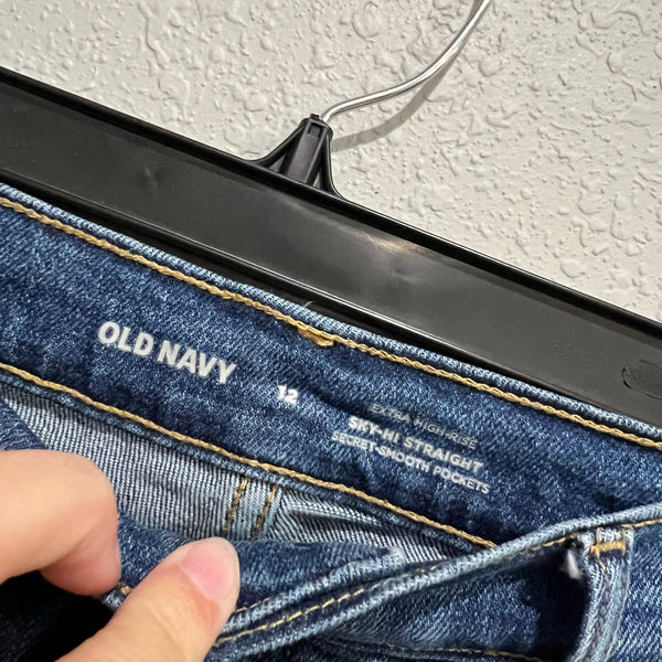 Old Navy Extra High Rise Straight Leg Distressed Button Fly Jeans Size 12