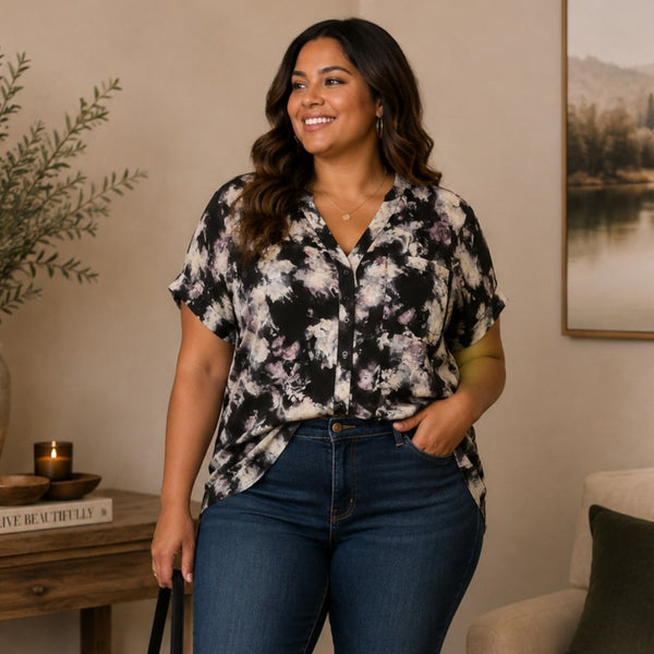 Simply Vera Vera Wang Black & White Floral Blouse Plus Size 2XL