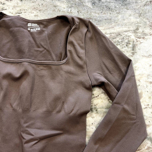 Women's Ribbed Brown Square Neck Tummy Control Bodysuit Size Medium