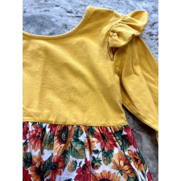 Girls Long Sleeve Mustard Sunflower Dress Size Youth Medium