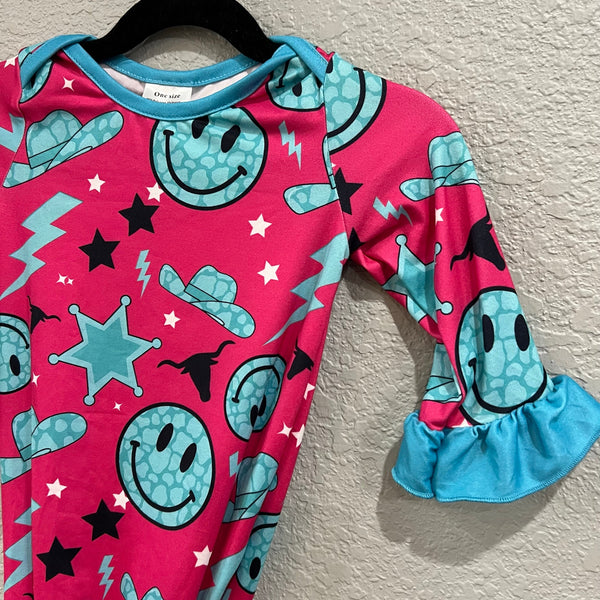 NWOT Girls Western Happy Pink + Turquoise Sleep Gown One Size
