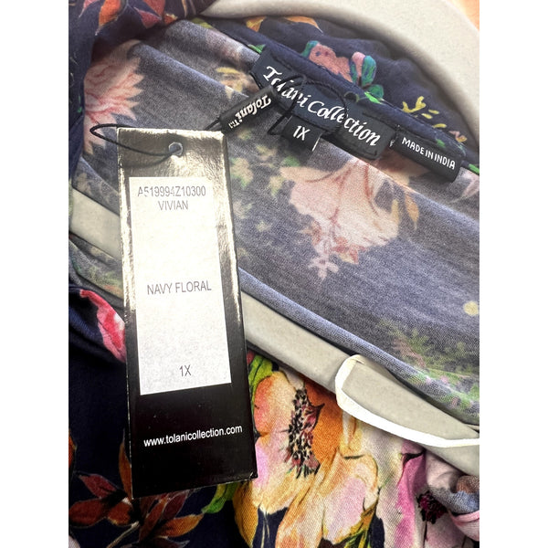 NWT Navy Floral Long Sleeve Collared Maxi Dress Size 1XL