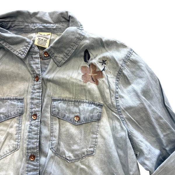 Women's Floral Embroidered Denim Button Down Top Medium