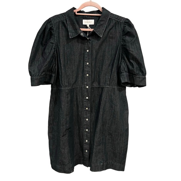 NWT Dear John Adeline Black Washed Pearl Snap Denim Cap Sleeve Dress XL