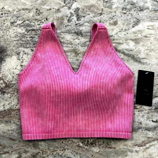 NWT 90 Degrees Hot Pink Stonewash Ribbed Seamless Alamo Sports Bra Large