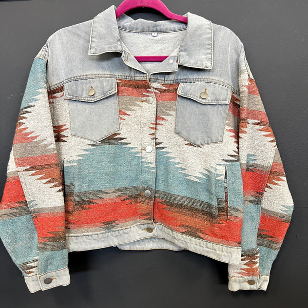 Women's Aztec + Denim Button Down Coat Size S