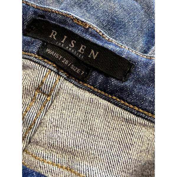 Risen High Rise Dark Wash Distressed Skinny Jeans Size 28