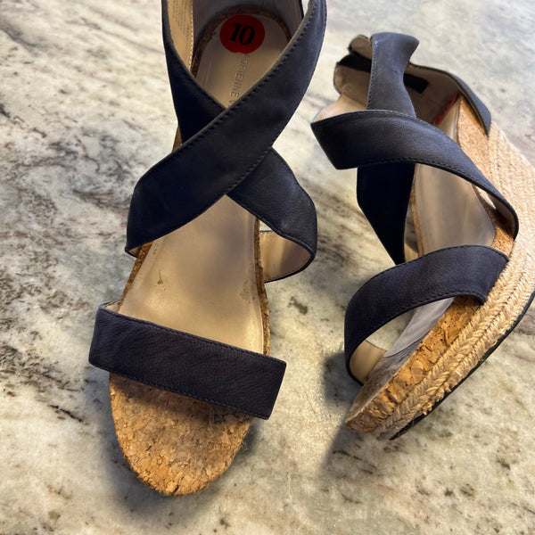 Adrienne Vetadini Black Strappy Cork Espadrille Wedge Heels Size 10